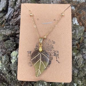 Golden ball chain Brown and olive leaf sparkle necklace pendant